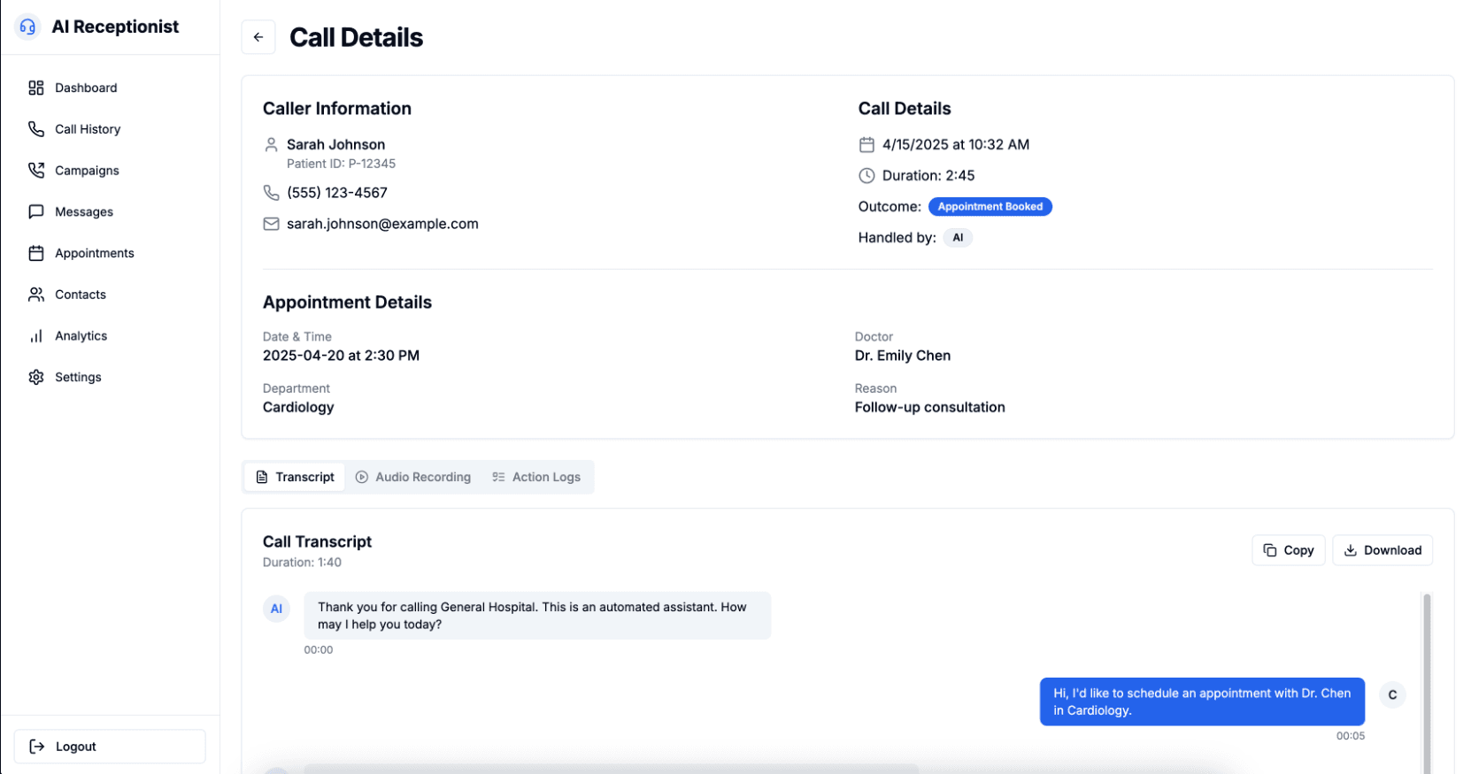 AI Receptionist Call Details Interface