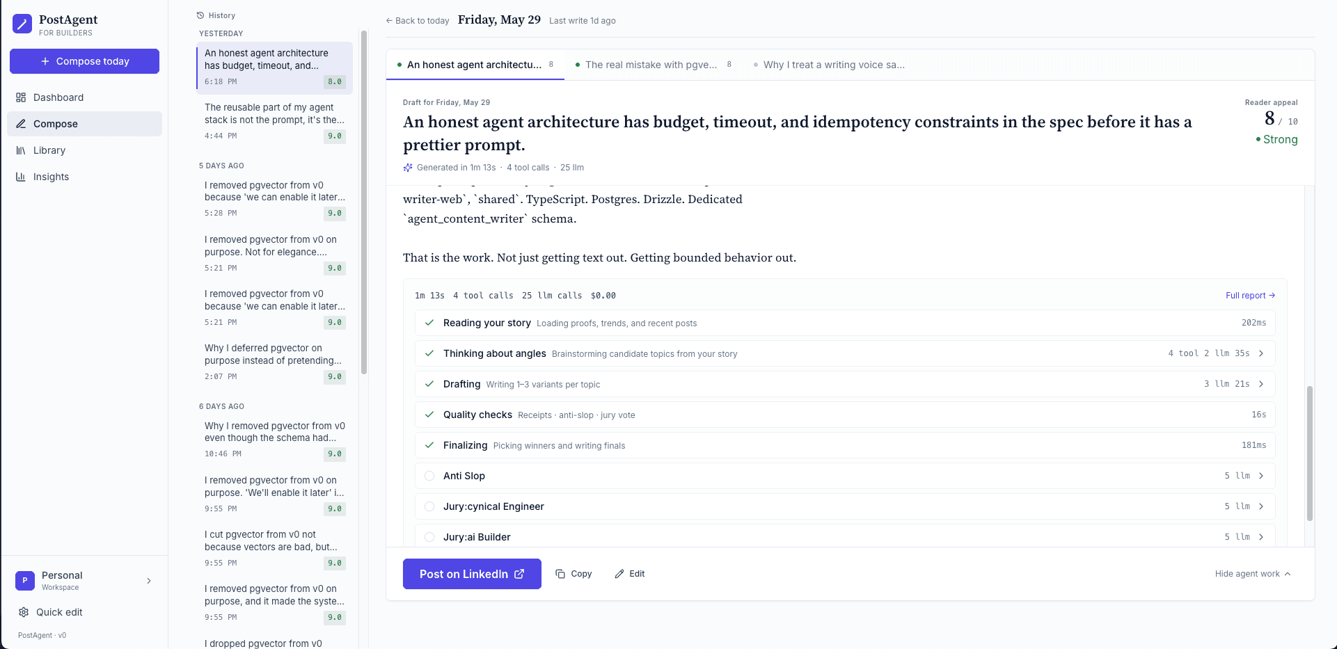 PostAgent compose view — pipeline timing, tool calls, and three-judge jury