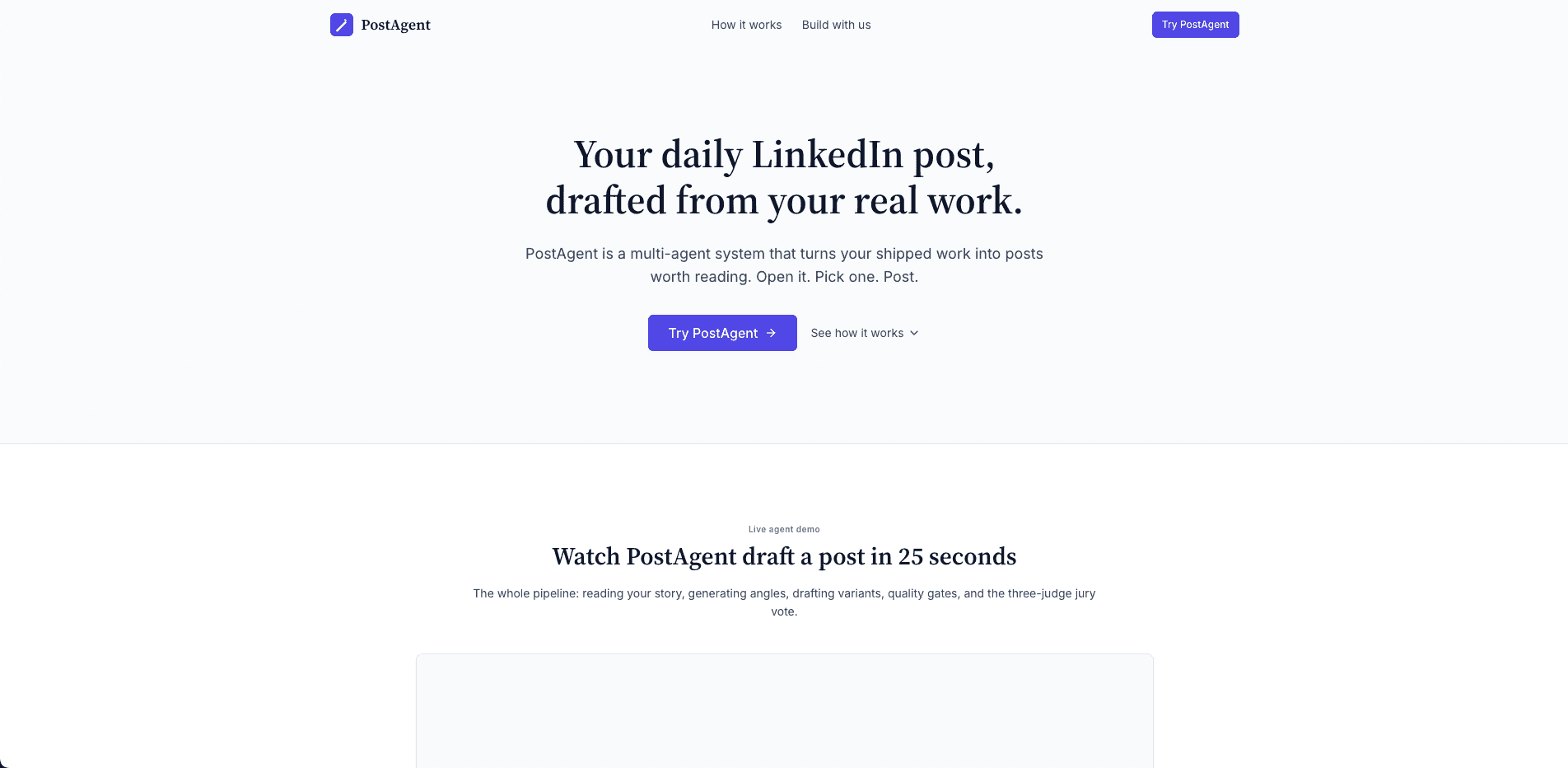 PostAgent — AI Agent for LinkedIn Content landing page