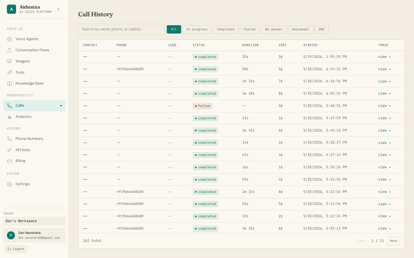 Call observability and history